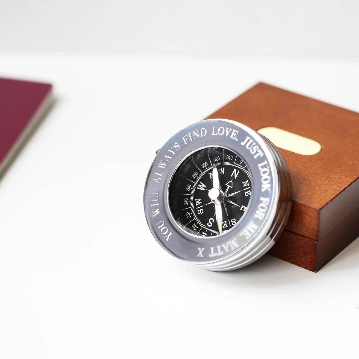 Brass compass gift in a mahogany timber box with monogrammed brass plate and personalised handwriting engraving on lid