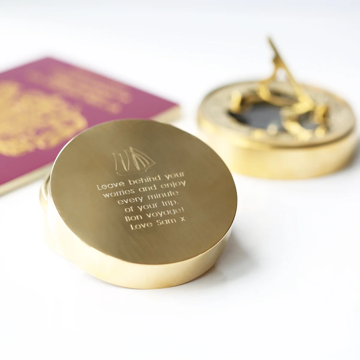 Engraved personalised brass operational sundial compass with compass markings, protective pouch, and gift box with ribbon