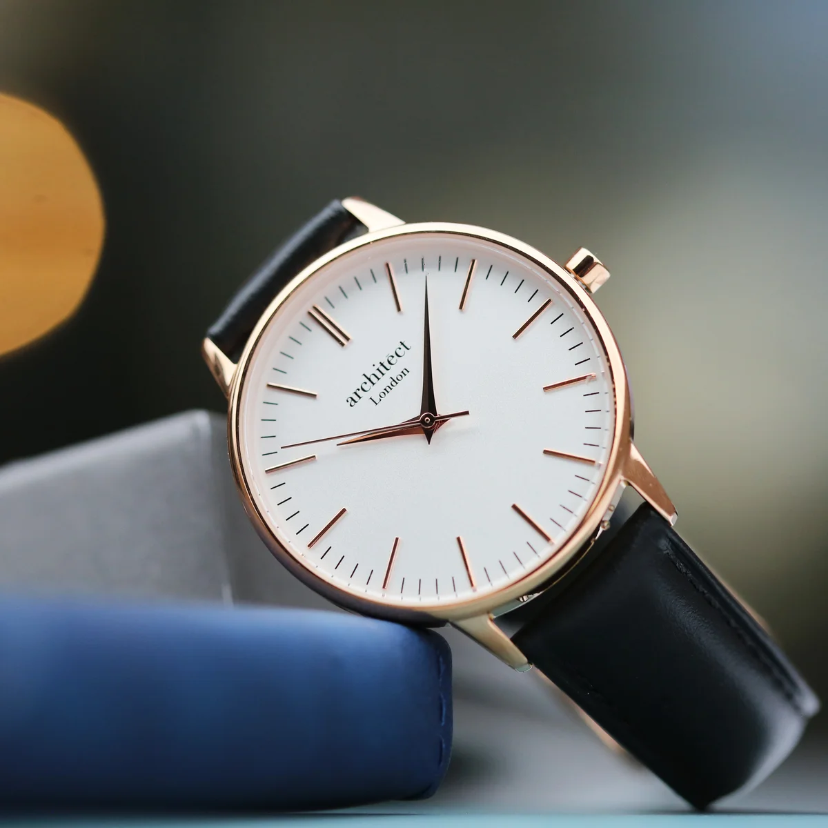 Ladies Blanc quartz movement watch with white dial, rose-gold details, black leather strap, and personalized engraved back
