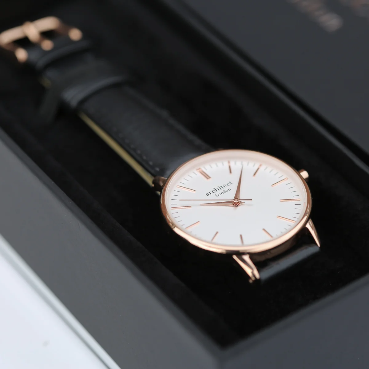 Ladies Blanc watch with black leather strap and handwriting engraved watch detail on stainless steel case back