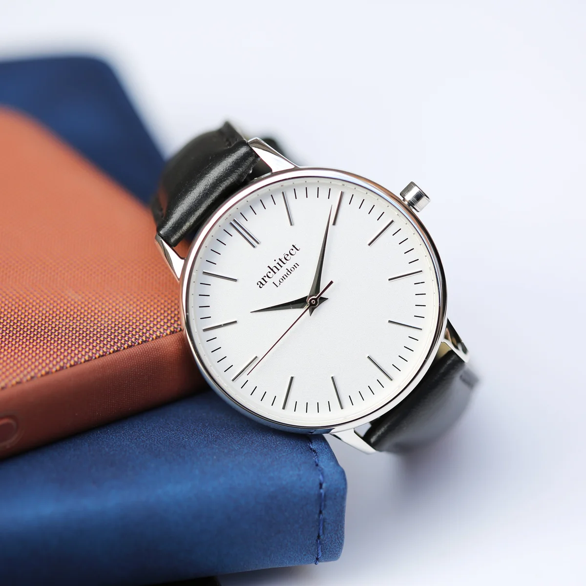 Ladies personalised watch with silver bezel, black genuine leather strap, minimalist white dial, and handwriting engraving option