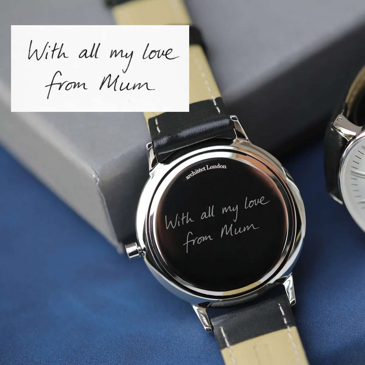 Ladies Architēct Blanc silver bezel quartz movement watch with black genuine leather strap and personalized handwriting engraving