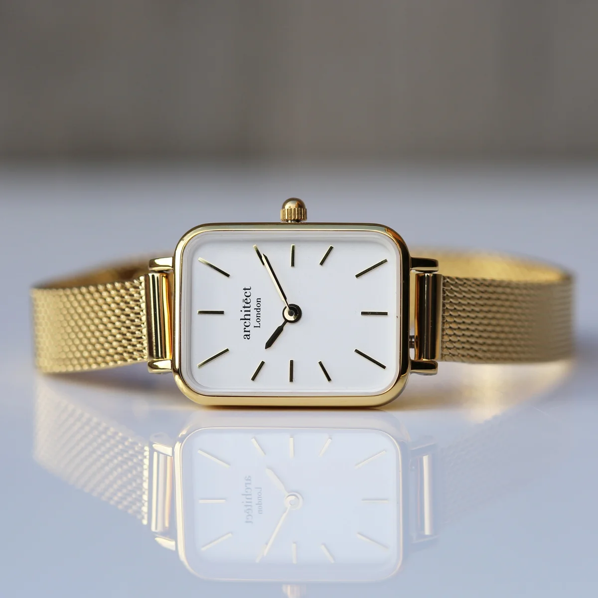 Personalised ladies watch with gold mesh strap, minimalist dial, and stainless steel case by Architēct Lille
