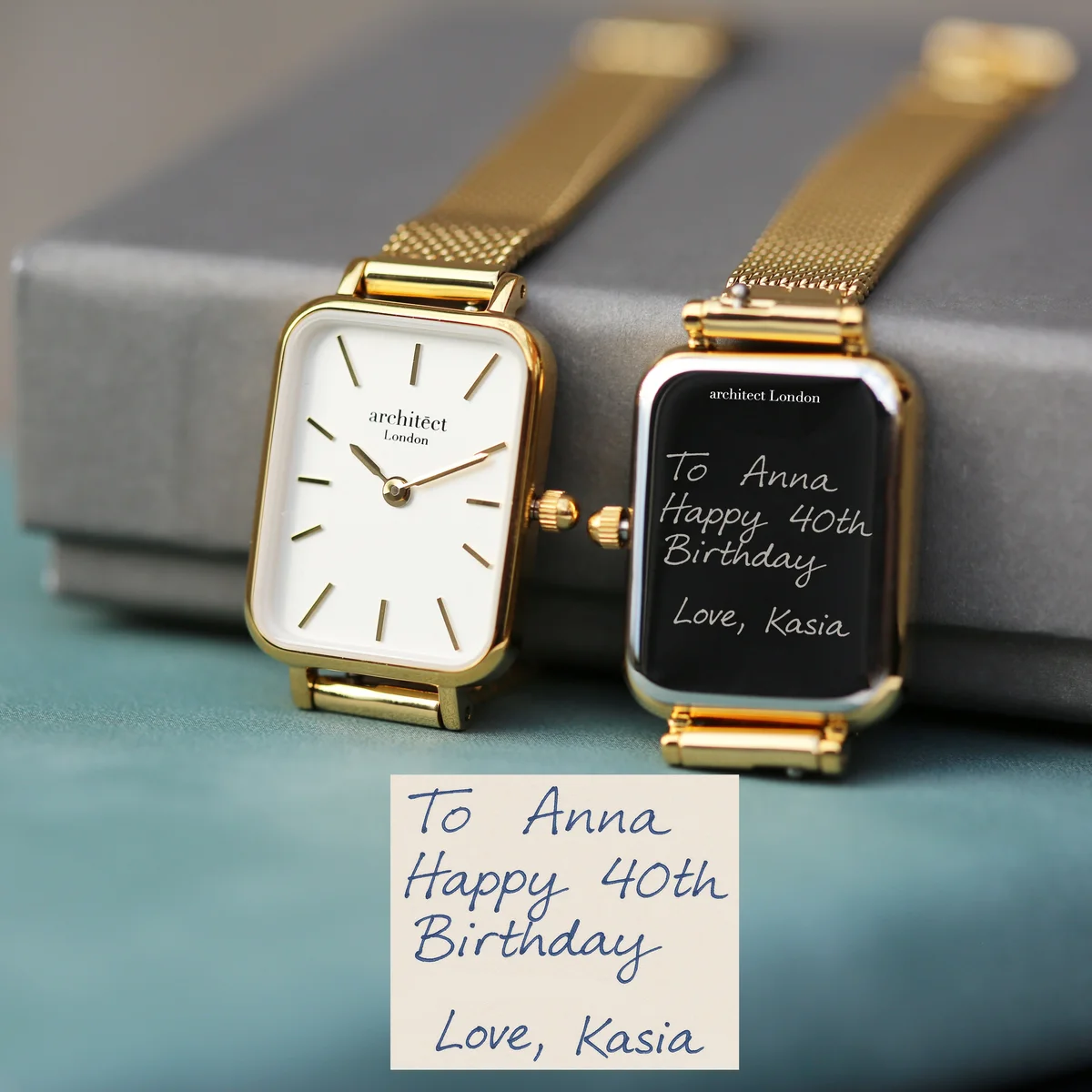 Ladies Architēct Lille gold mesh strap Japanese quartz watch with personalized handwriting engraving on case back