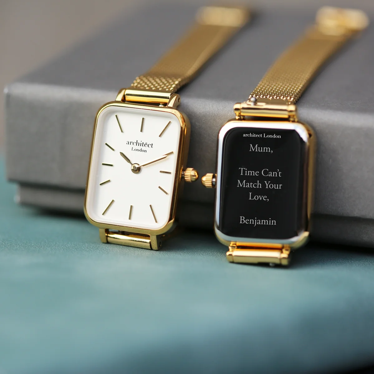 Ladies gold watch with gold mesh strap and minimalist dial, elegant Architēct Lille by Architēct London