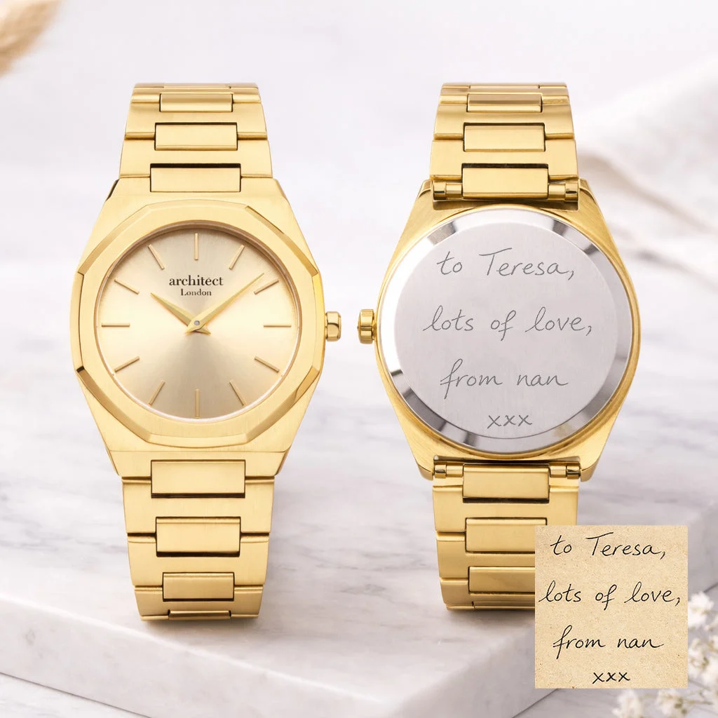 Personalised ladies watch Cesca Doré with gold-tone stainless steel bracelet and minimalist white dial on white background