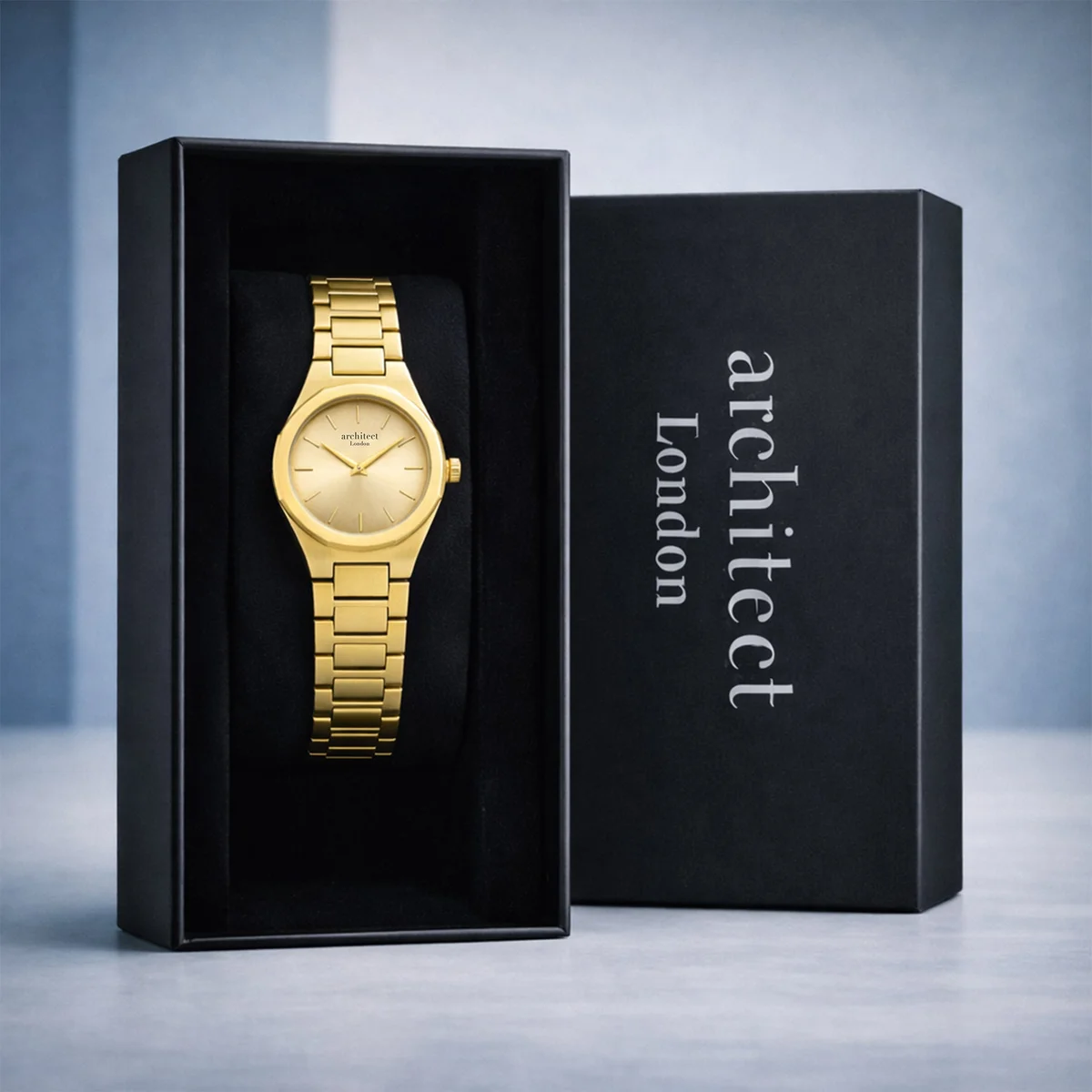 Elegant ladies gold-tone stainless steel Japanese quartz watch with minimalist dial and personalised engraved case back
