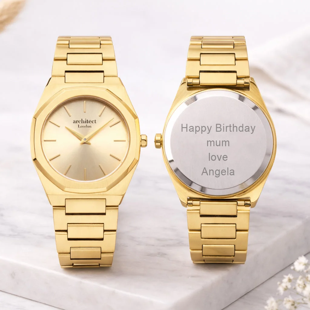 Personalised ladies watch Cesca Doré with gold stainless steel bracelet and minimalist dial in luxury gift box