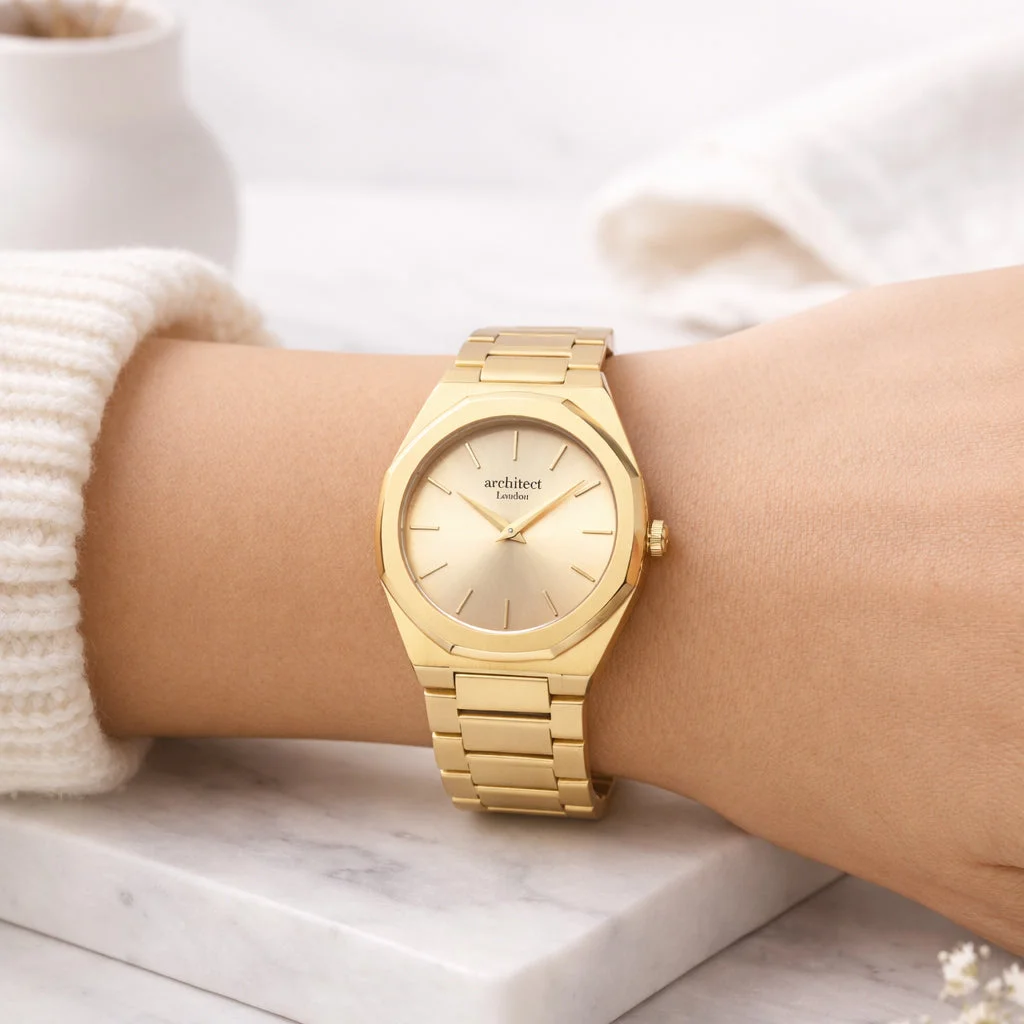 Gold-tone stainless steel ladies watch with minimalist dial and modern font engraving on the back panel