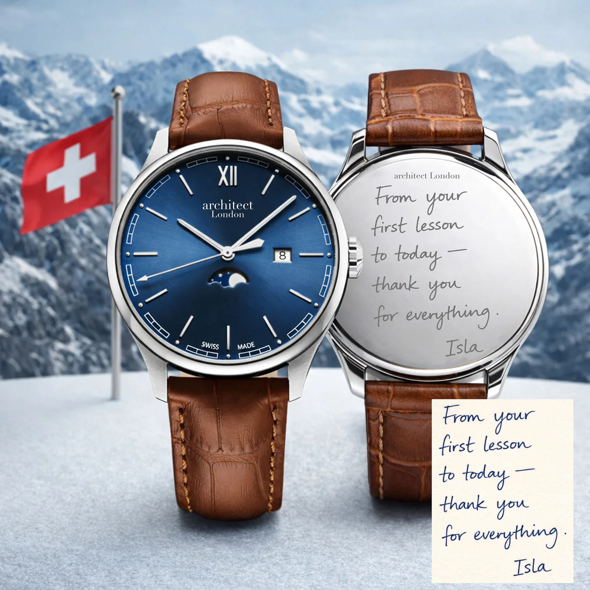 Swiss men's watch with blue moonphase dial, silver stainless steel case, and brown leather strap by Architect London Montreux