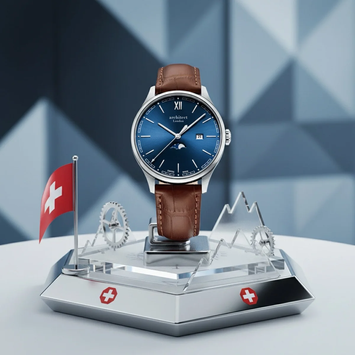 Silver stainless steel personalised engraved watch with blue moonphase dial and brown leather strap on white background