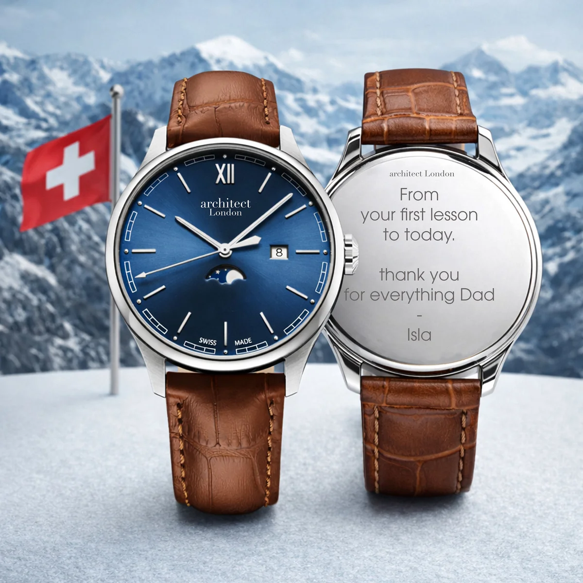 Men's leather strap watch with blue moonphase dial, polished silver stainless steel case, and brown leather band