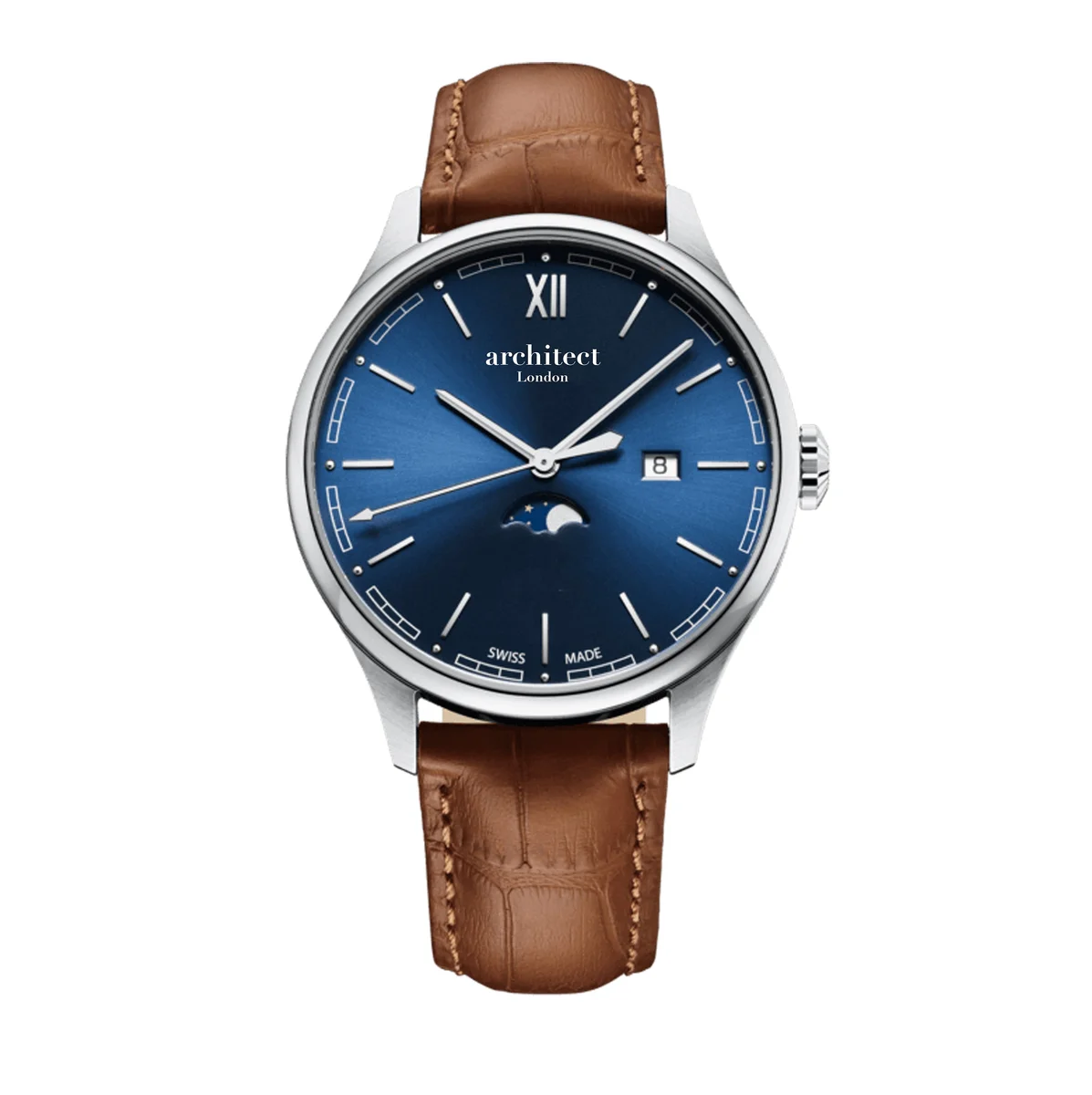 Architect London Montreux Swiss ETA quartz watch with blue moonphase dial, silver stainless steel case, and brown leather strap