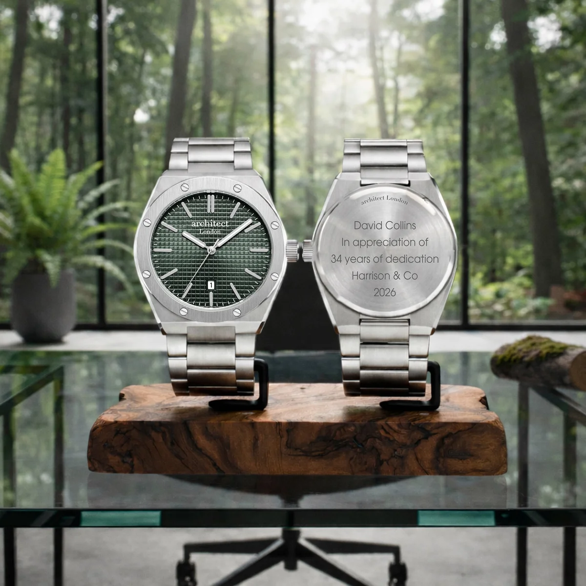 Personalised men's watch with deep green dial and silver stainless steel bracelet from Architect London Borough Collection