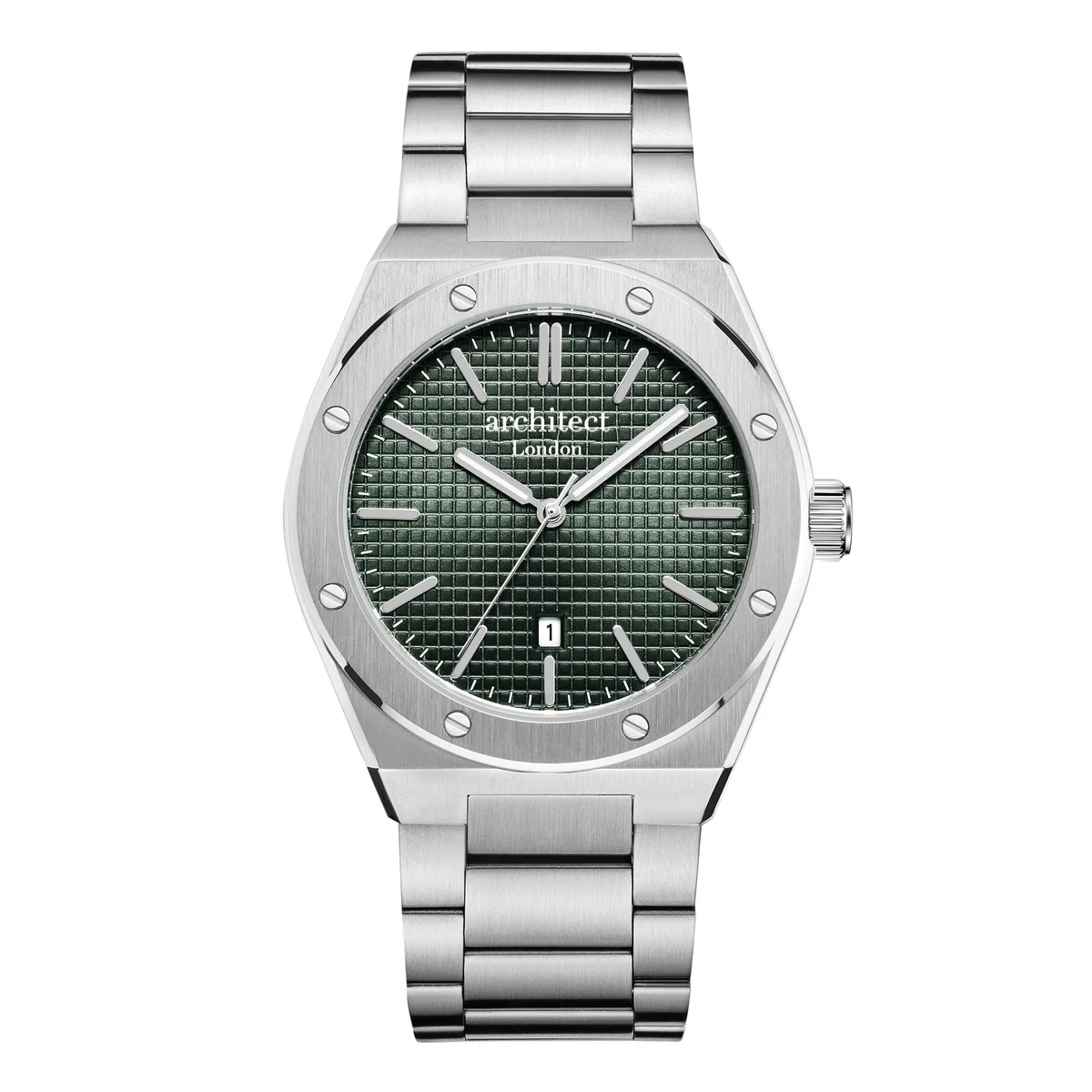 Men's stainless steel watch with deep green dial and silver chain bracelet from Architect London's Borough Collection Kensington model