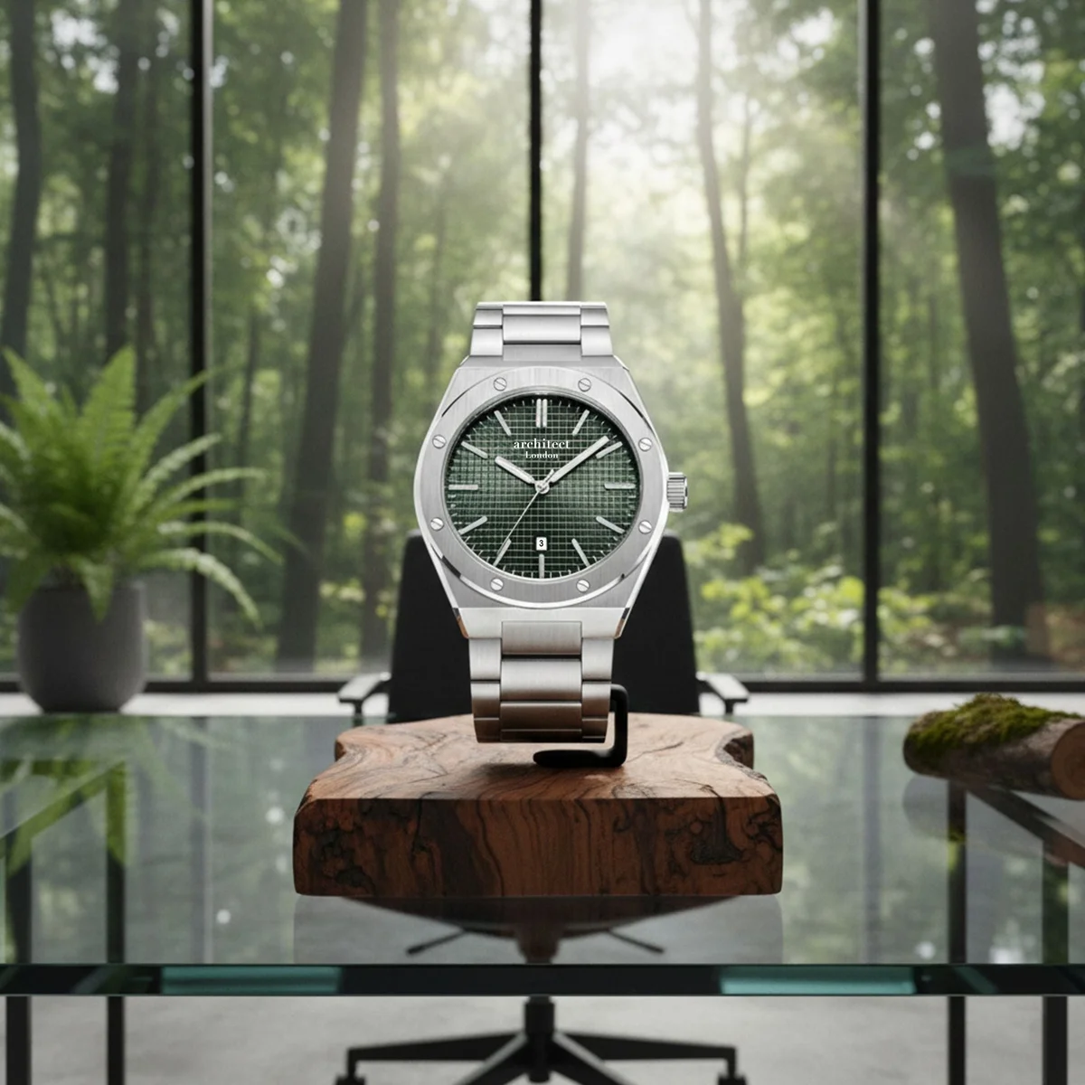 Engraved men's watch with deep green dial and silver stainless steel bracelet from Architect London Borough Collection