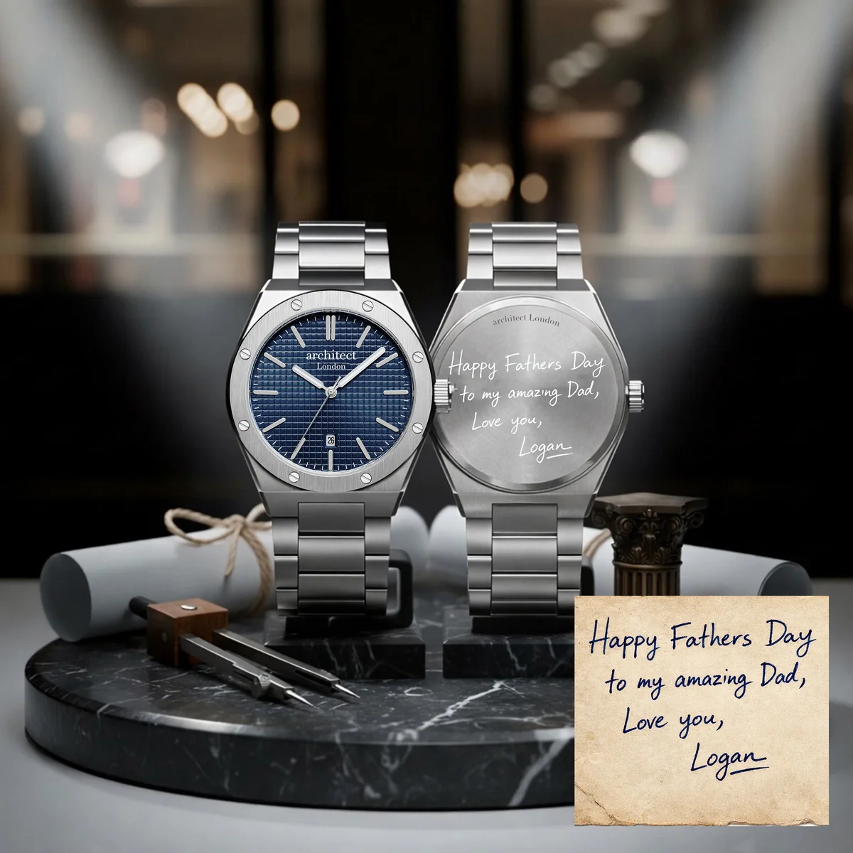 Personalised men's watch with deep green dial, silver stainless steel bracelet, and engraved case back from Architect London