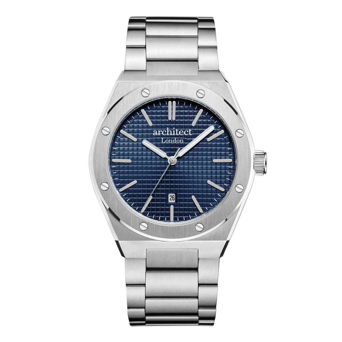 Stainless steel men's watch with deep green dial and polished silver bracelet from Architect London Mayfair collection