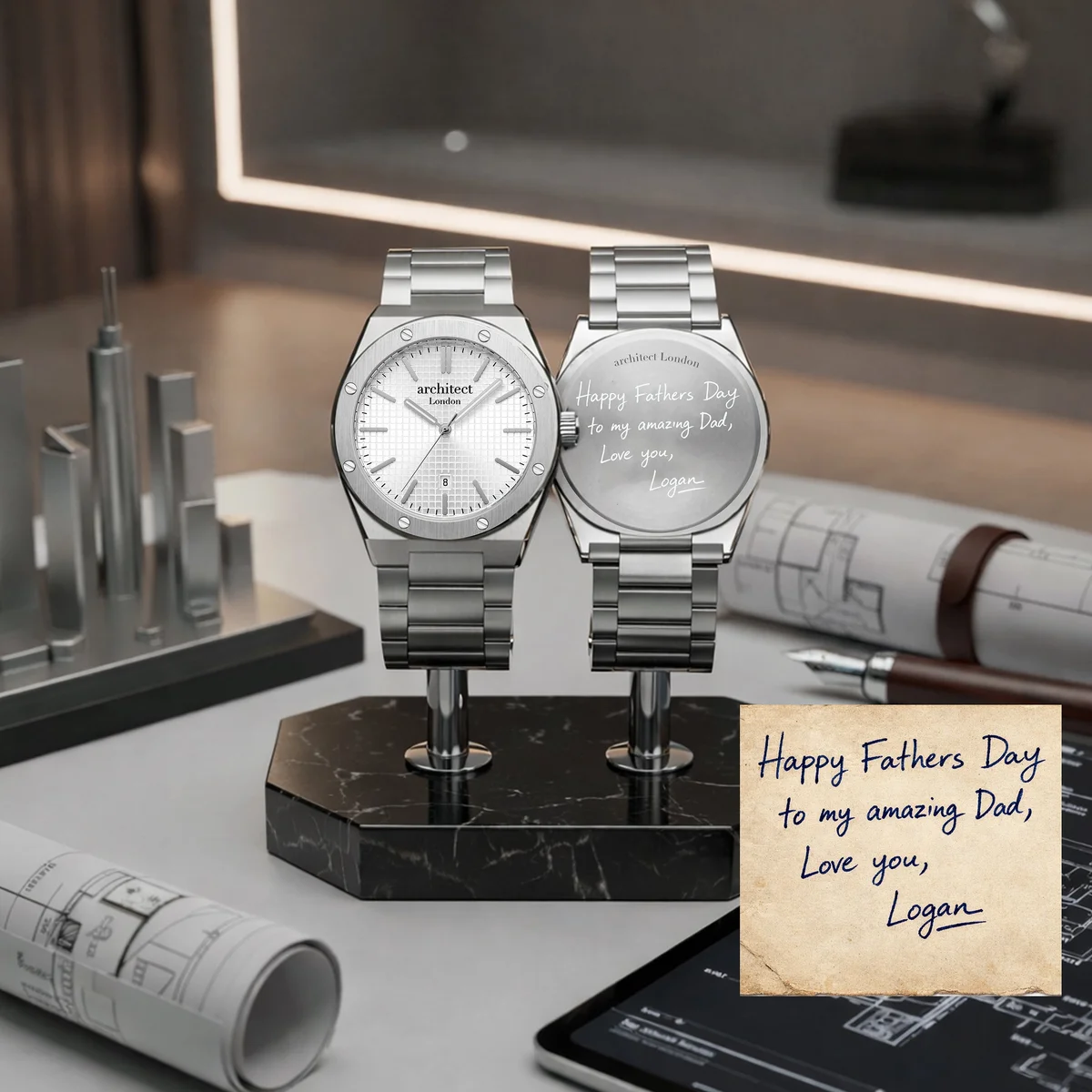 Personalised men's watch with white silver dial and stainless steel chain bracelet from Architect London's Borough Collection