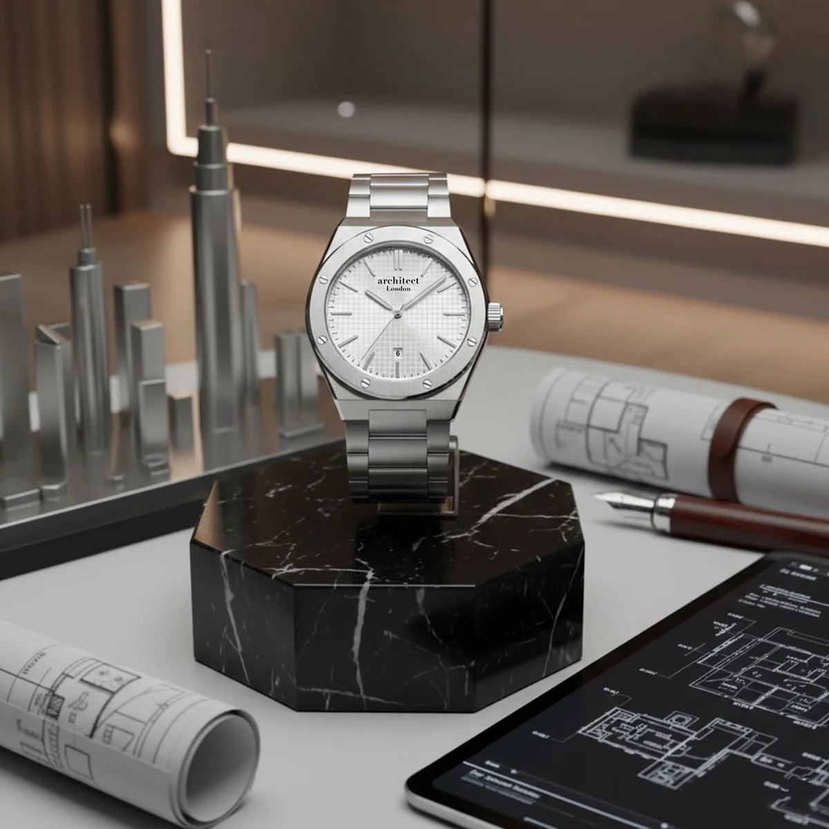 Engraved men's watch with white silver dial, stainless steel case and bracelet from Architect London Borough Soho collection