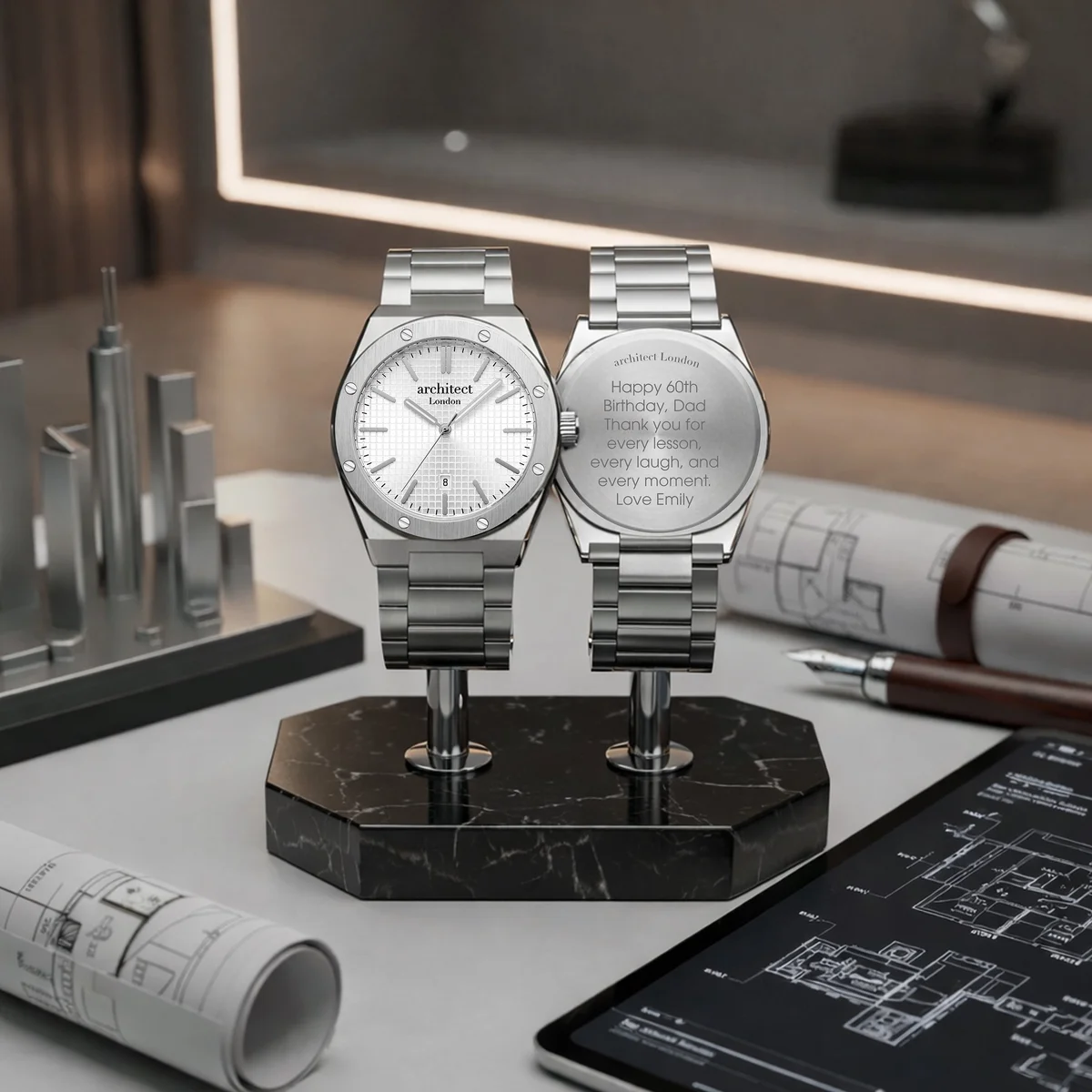 Engraved men's watch with white silver dial and stainless steel bracelet from Architect London Borough Collection Soho