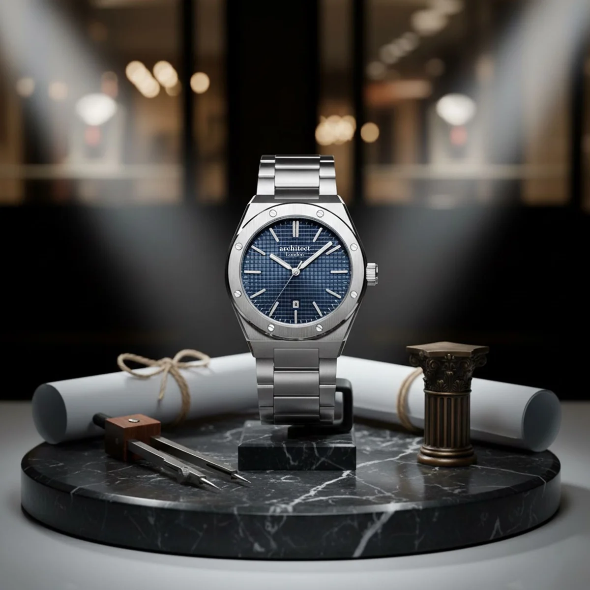 Personalised men’s watch with deep blue dial and silver stainless steel bracelet from Architect London Borough Collection