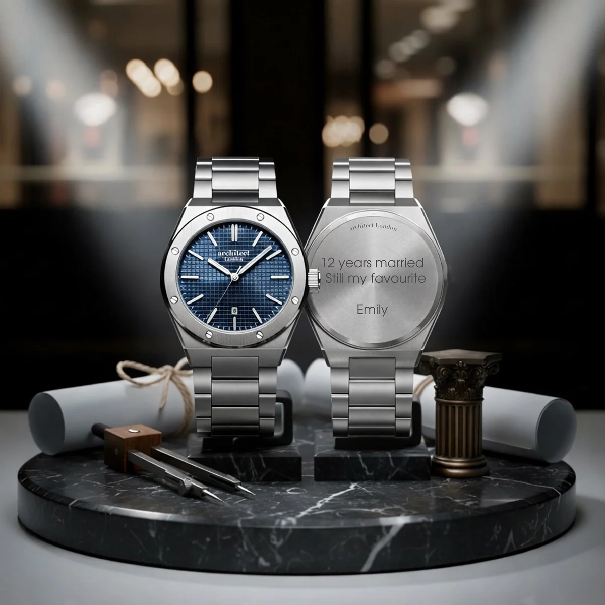 Men's stainless steel watch with deep blue dial and silver chain bracelet from Architect London's Mayfair collection