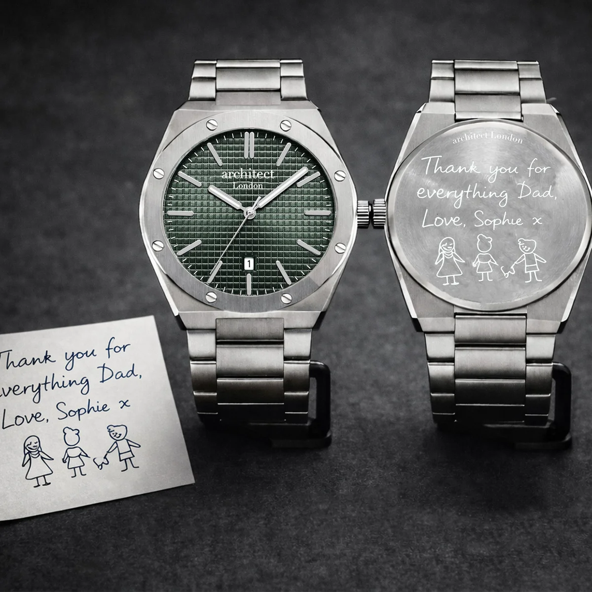 Personalised men's watch with deep green dial, brushed silver stainless steel case and chain bracelet from Architect London
