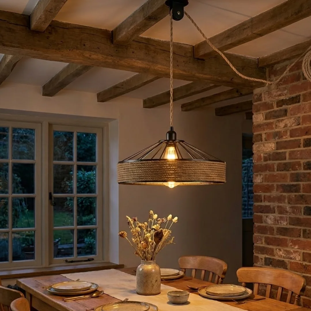 Bohemian pendant light with woven bamboo shade, hemp rope cord, and matte black metal cage ceiling fixture