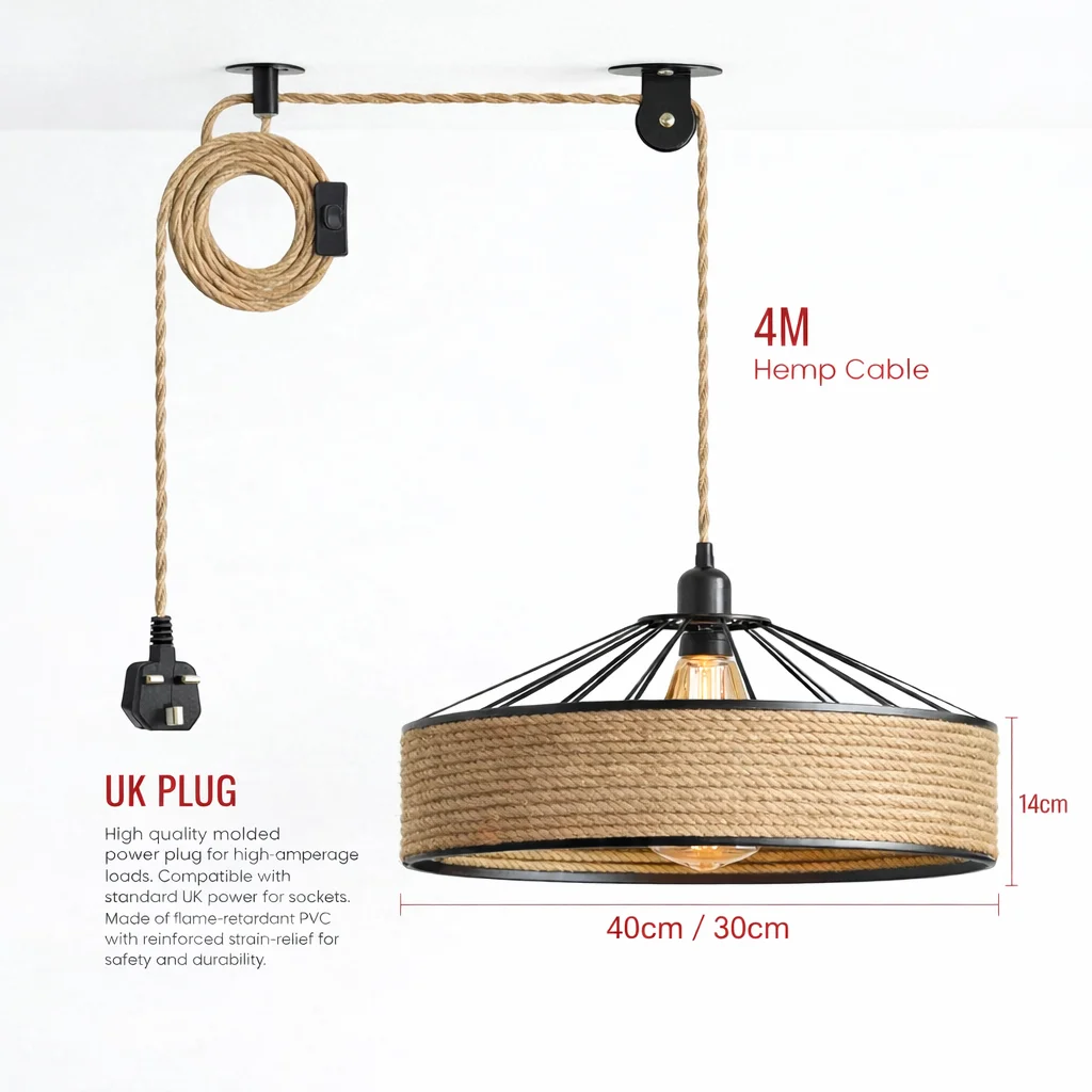 Bohemian style rope light fitting with woven bamboo shade, black metal cage, and twisted hemp cord hanging pendant lamp