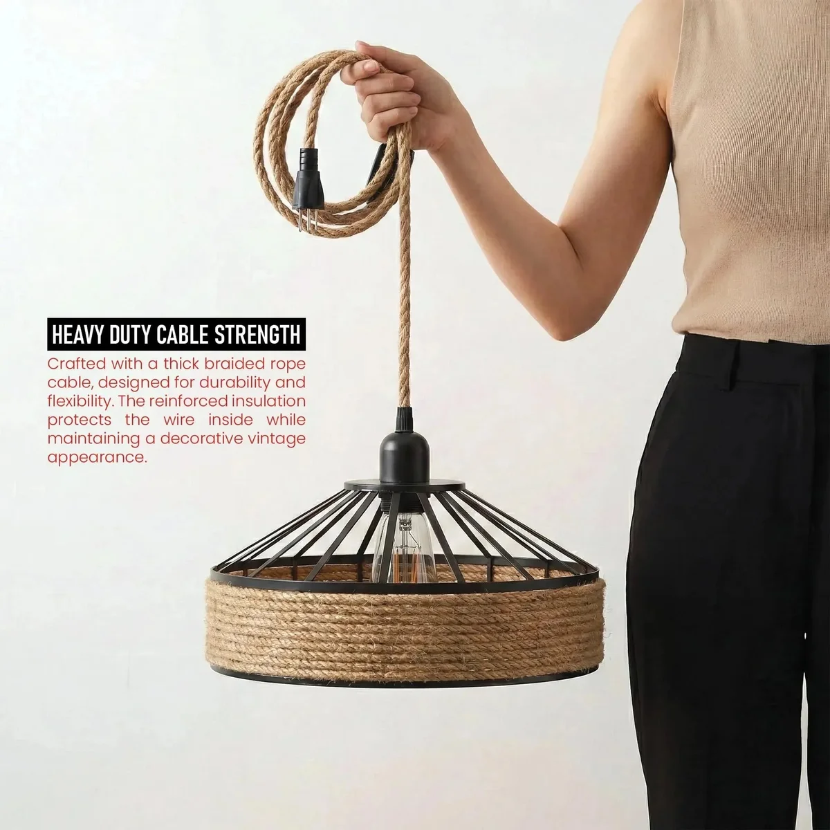 Bohemian pendant lamp with woven bamboo shade and adjustable cord light hanging from ceiling with inline switch