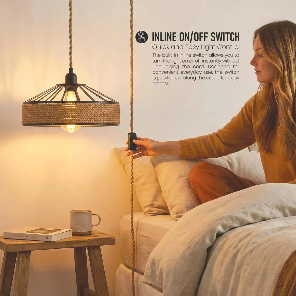 Bohemian hemp rope ceiling light with woven bamboo shade and black metal cage pendant, hanging with adjustable cord and plug-in switch
