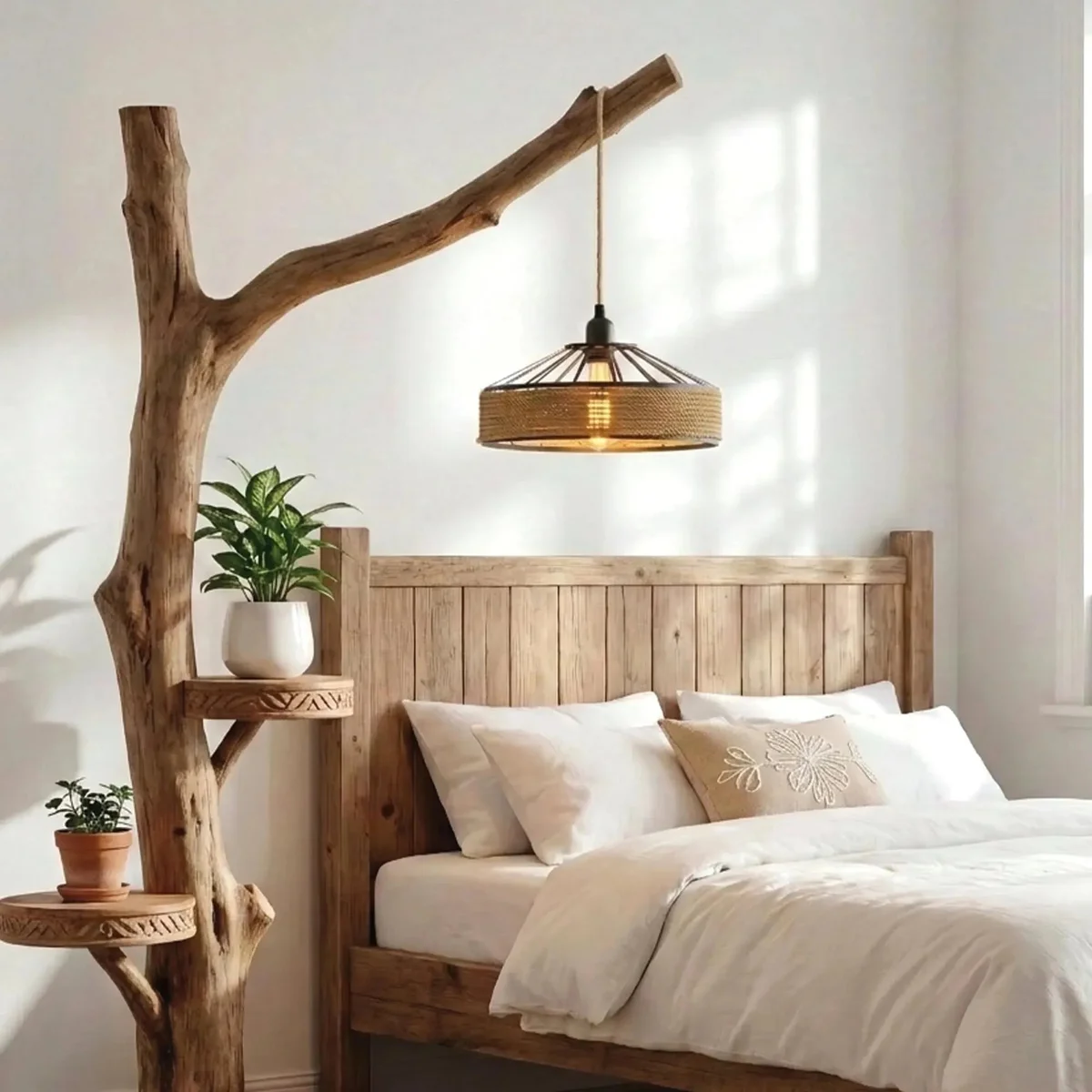 Bohemian plug in pendant light with woven bamboo shade and 4m twisted hemp cord hanging in modern room