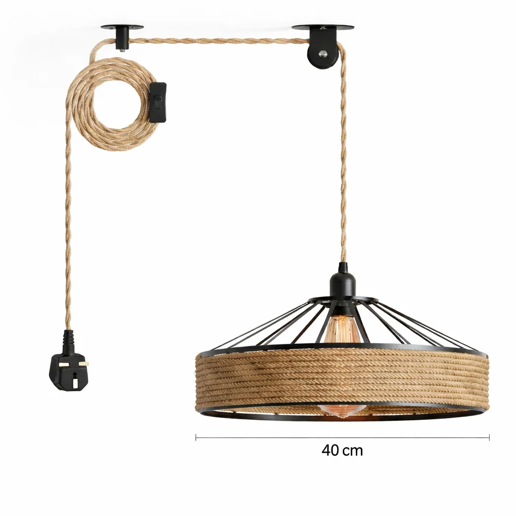 Bohemian pendant light with woven bamboo shade, black metal cage, and twisted hemp rope cord hanging indoors