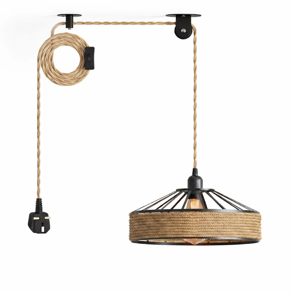 Bohemian pendant light with woven bamboo shade and black metal frame hanging from twisted hemp cord with inline switch