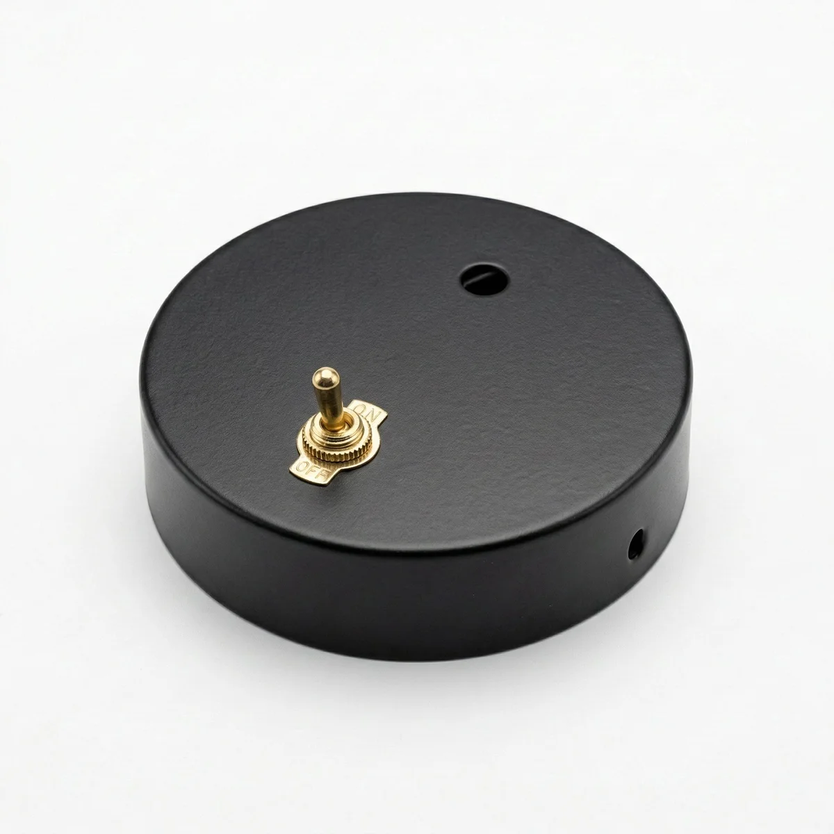 Black ceiling rose with 120mm diameter, metal black finish, and brass toggle switch for ceiling light fitting