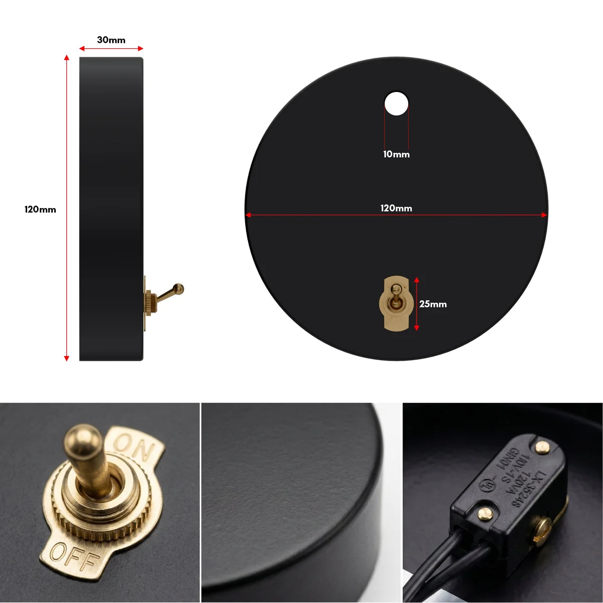 Black ceiling rose with toggle switch, 120mm diameter, metal finish, brass lever, pre-wired with 15cm cable
