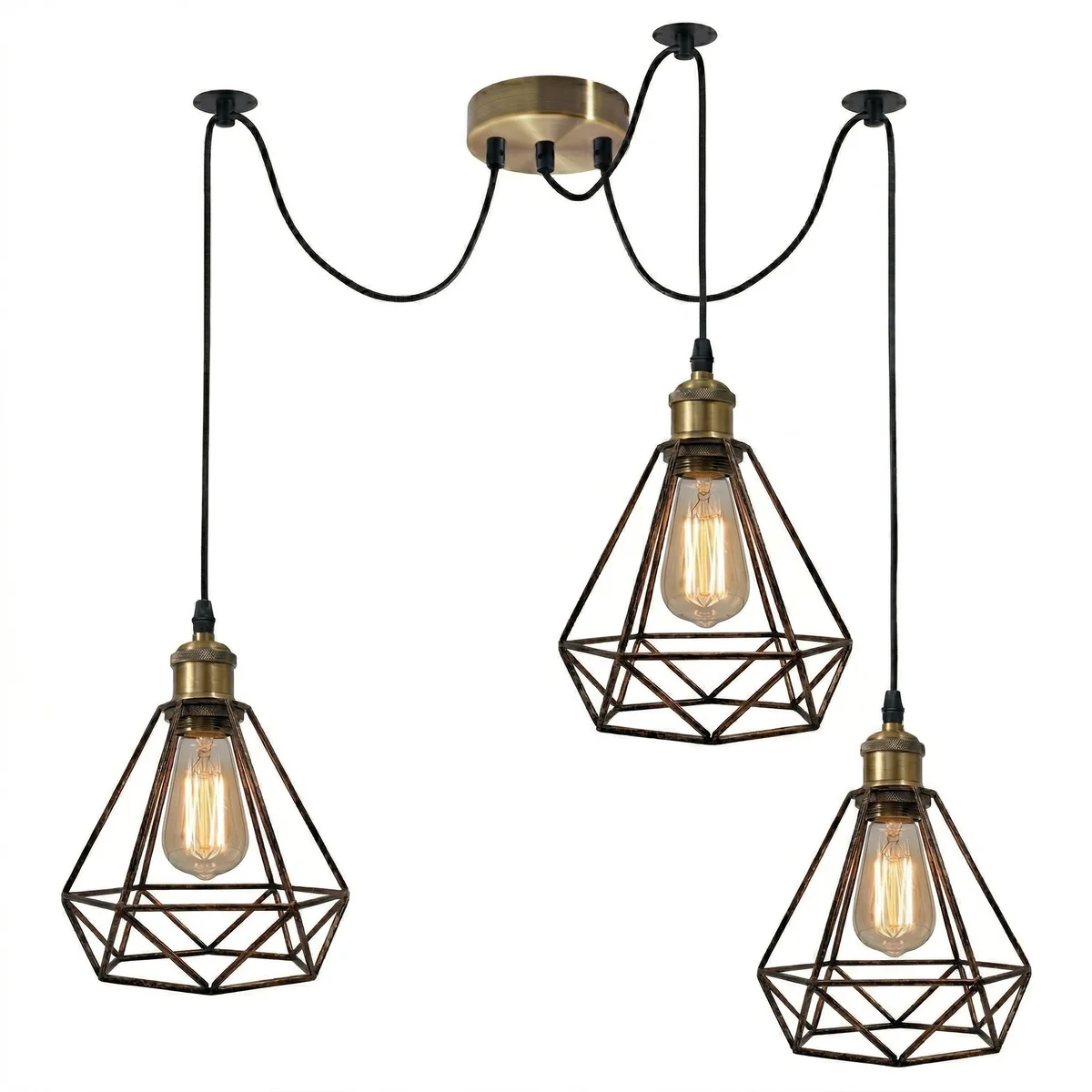Multiple antique brass pendant lights with tiered teardrop wire cages hanging from adjustable cables