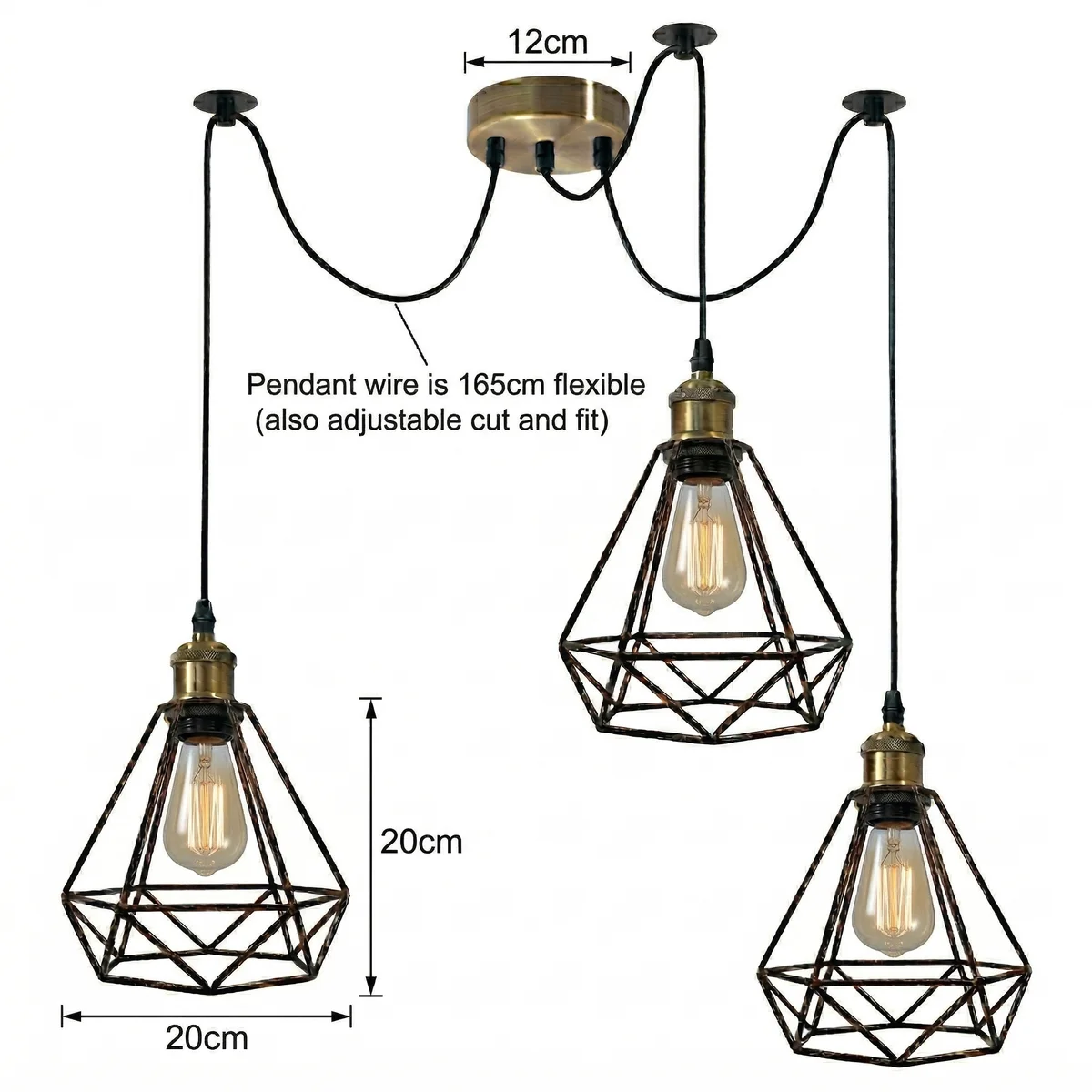 Multiple antique brass teardrop wire cages hanging from adjustable cables in an industrial pendant light fixture design