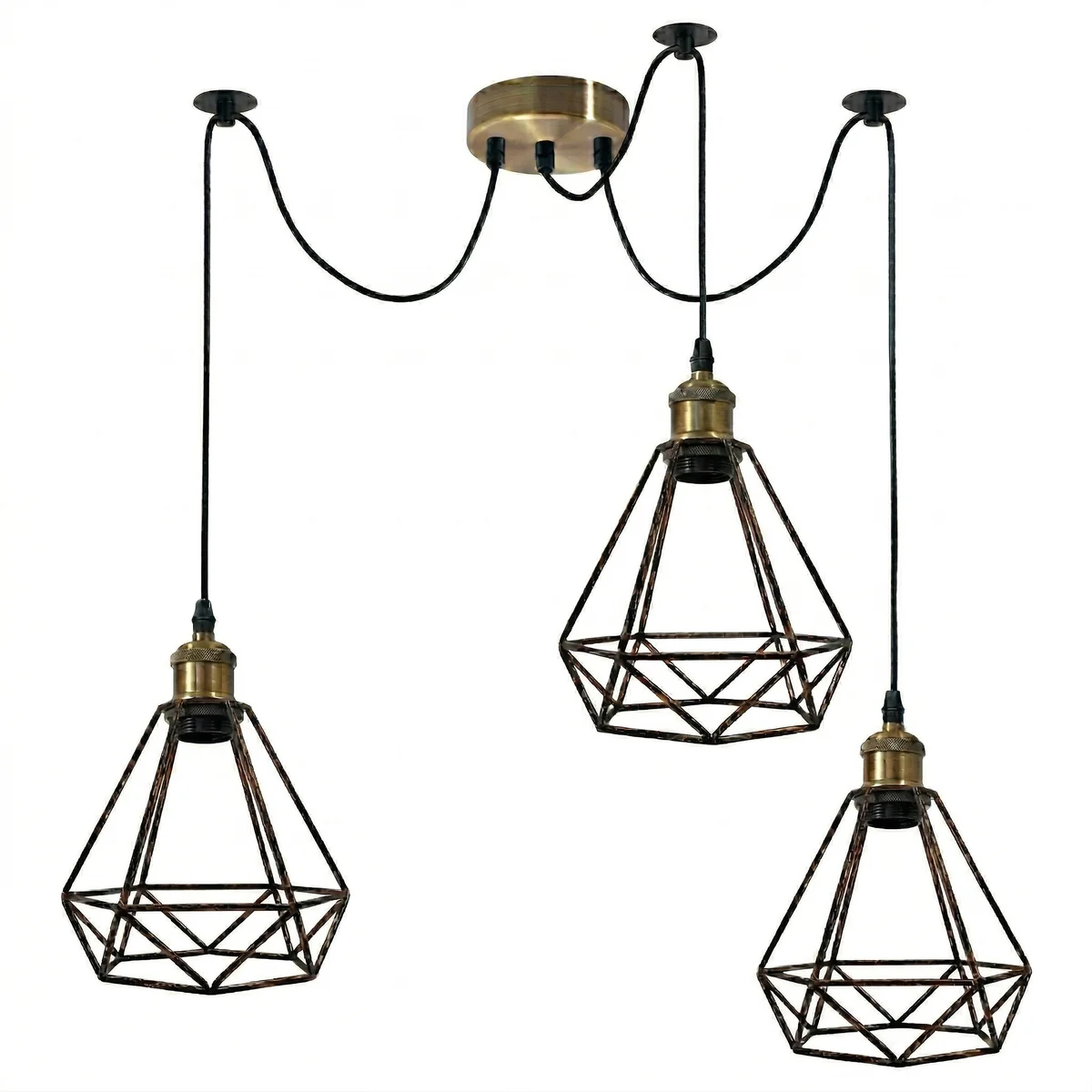 Adjustable spider pendant with antique brass teardrop wire cages hanging at varied heights from a ceiling rose