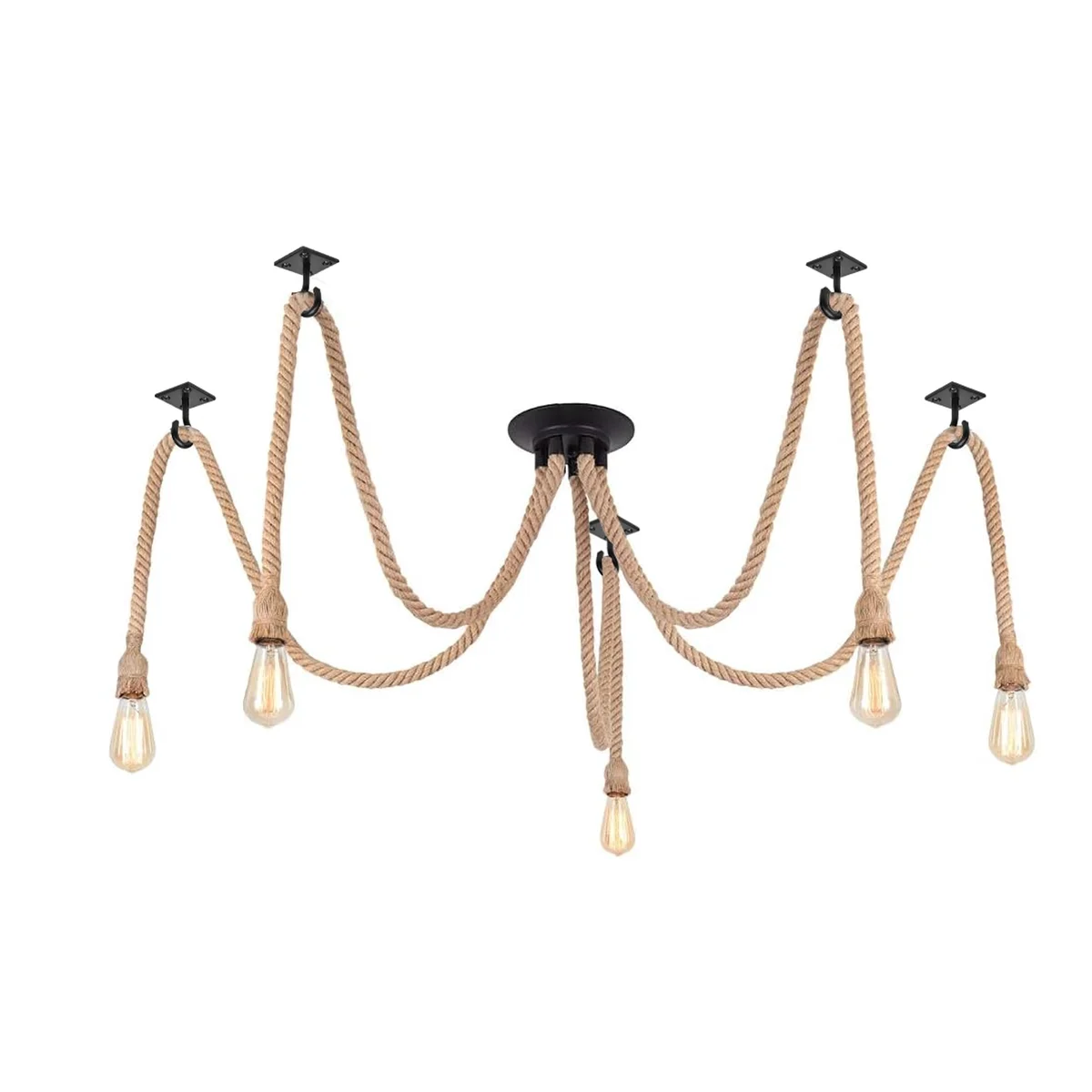 Industrial LED pendant light with spider-shaped metal frame, wire cage shades, and adjustable hemp rope hanging fixture