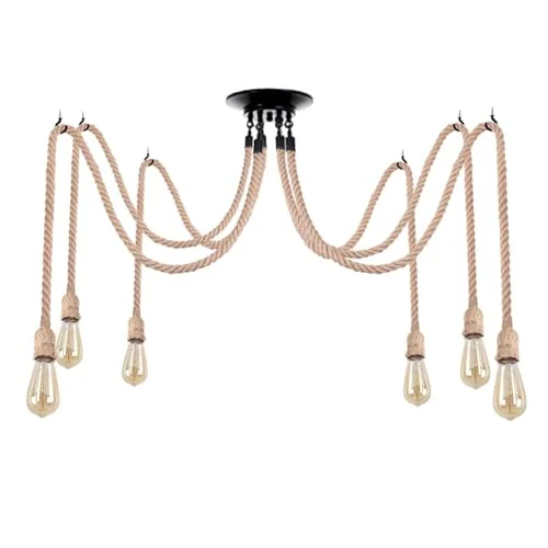 Industrial spider pendant light with metal wire cage shades and adjustable hemp rope hanging from ceiling mount
