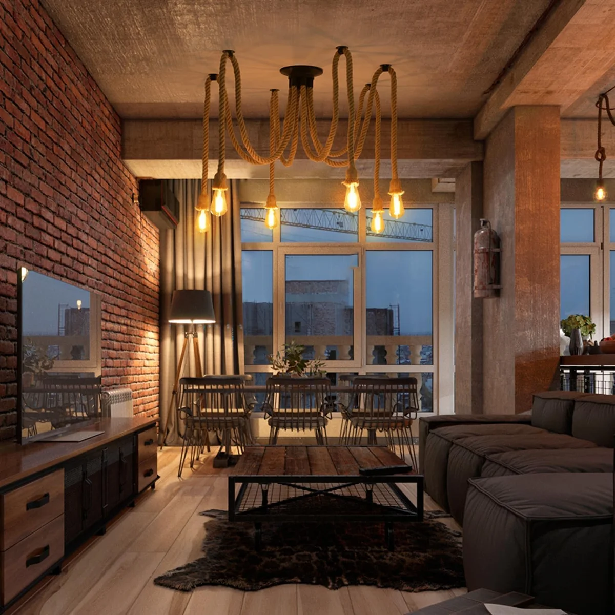 Modern metal ceiling light with spider-shaped design, adjustable hemp rope, and wire cage lamp shades hanging indoors