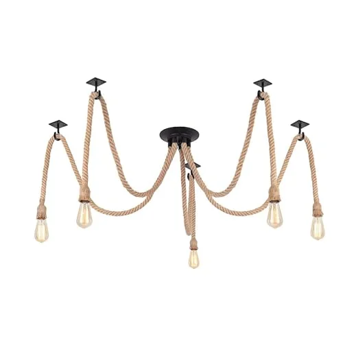 Industrial LED pendant light with spider-shaped metal frame and hemp rope, featuring adjustable brightness and wire cage shades