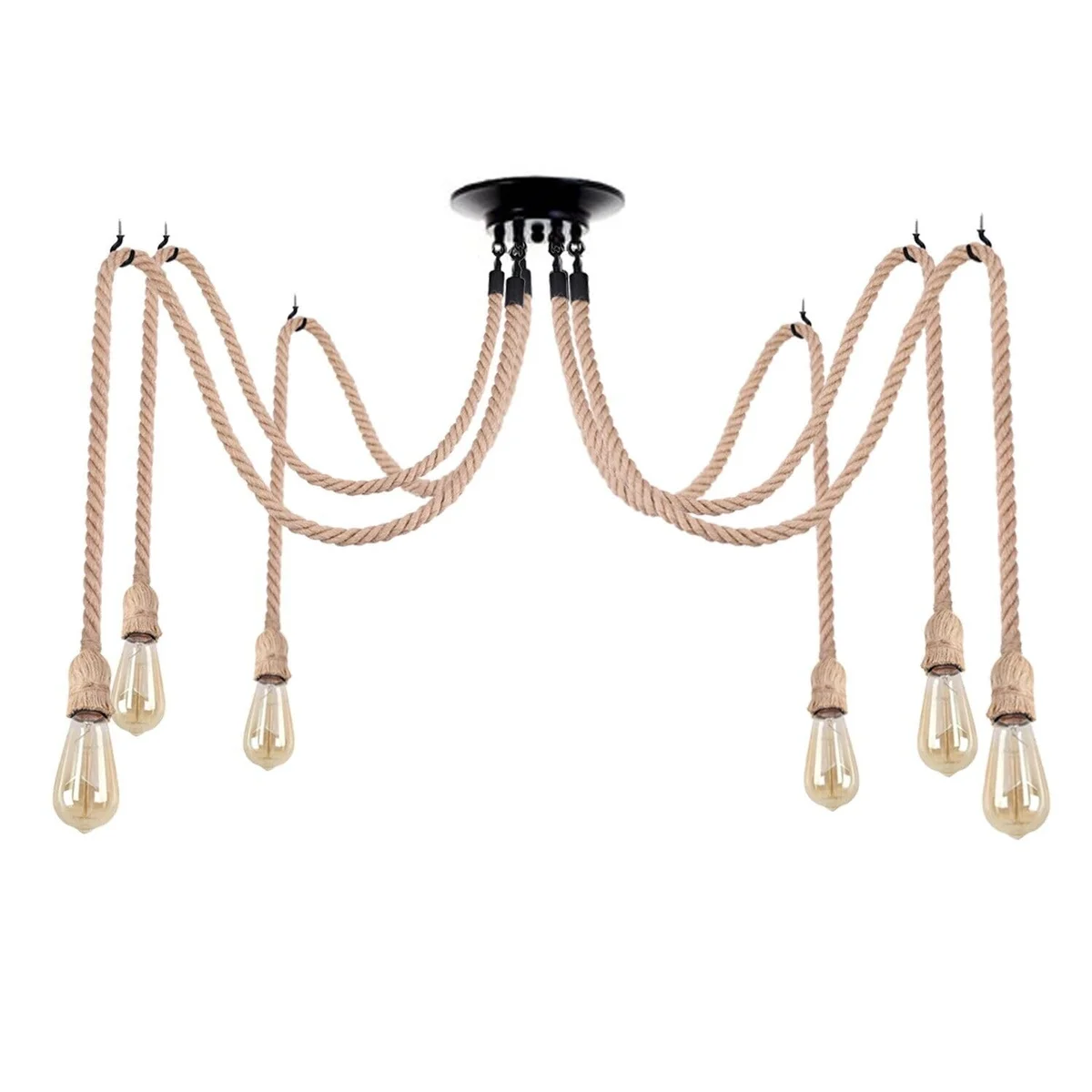 Industrial LED pendant light with spider-shaped metal frame, hemp rope, and wire cage lamp shades in warm indoor setting