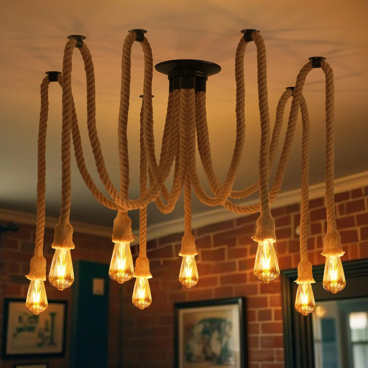 Industrial LED pendant light with spider-shaped metal frame, classic wire cage shades, and adjustable hemp rope hanging fixture