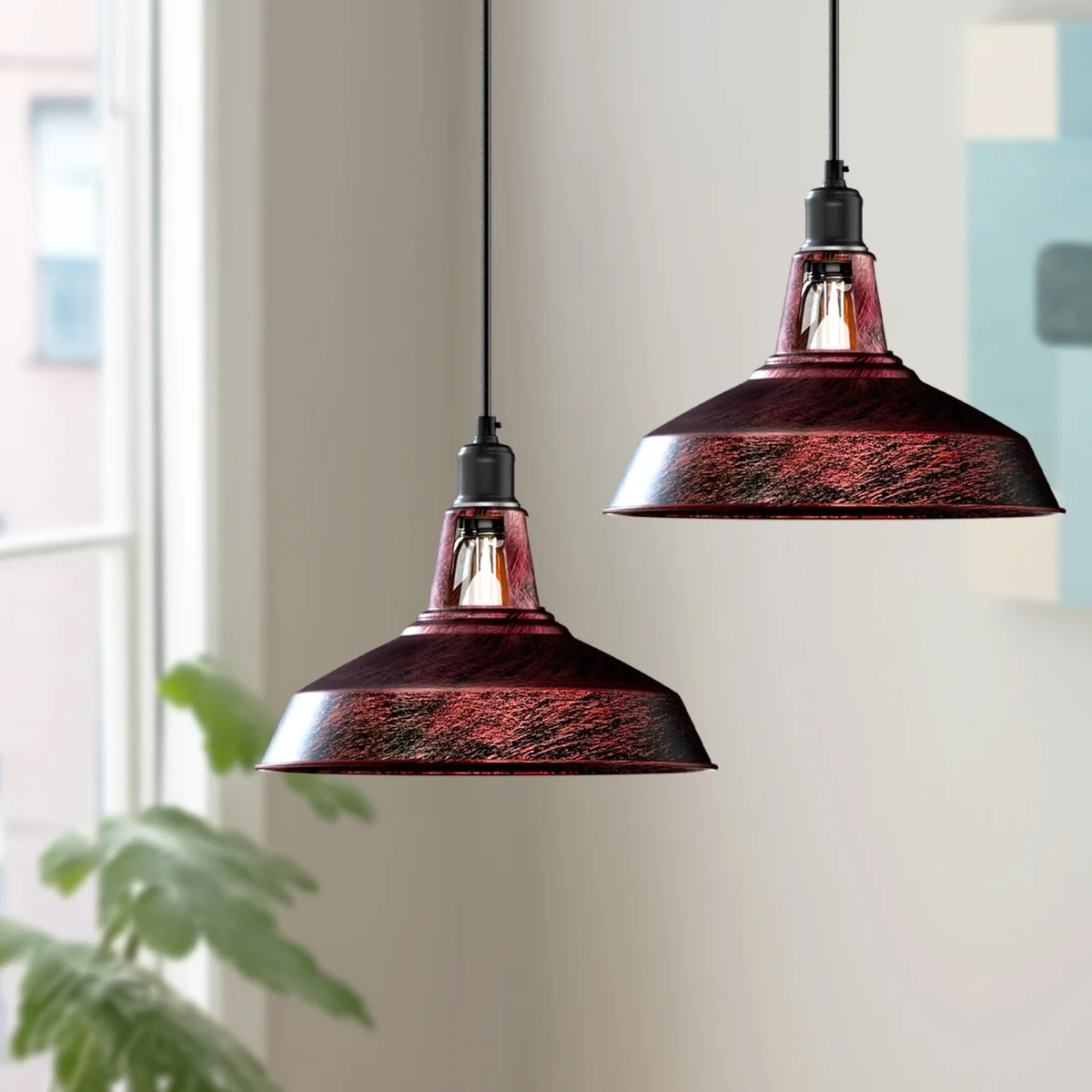 Industrial ceiling light with barn slotted metal shade in satin nickel, adjustable black pendant cable, vintage style