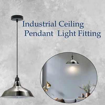 Retro pendant light with barn slotted metal shade in satin nickel, adjustable black cable, ceiling mounted fixture
