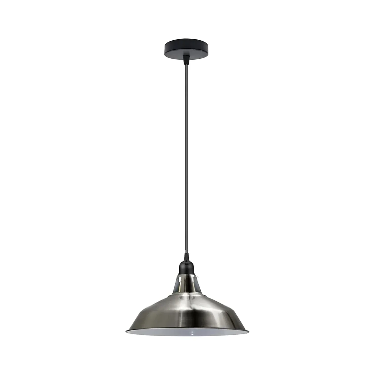 Vintage industrial adjustable hanging light with barn slotted metal shade in satin nickel and black ceiling rose