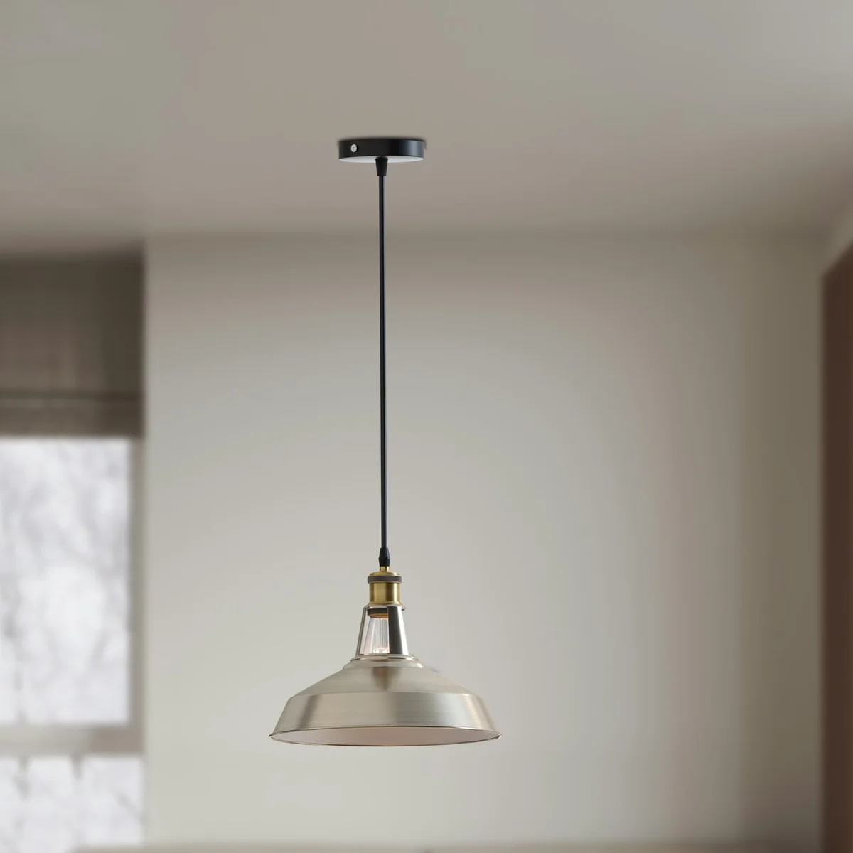 Metal pendant lamp with barn slotted shade in rustic red, adjustable black wire, and ceiling rose for indoor use